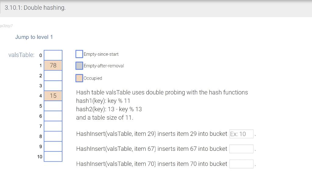 3 10 1 Double Hashing X3zay7 Jump To Level 1 Valstable 0 Empty Since Start 1 78 Empty After Removal 2 Occupied 3 4 1 1