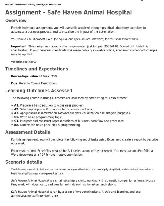 Itech1100 Understanding The Digital Revolution Assignment Safe Haven Animal Hospital Overview For This Individual Assi 1