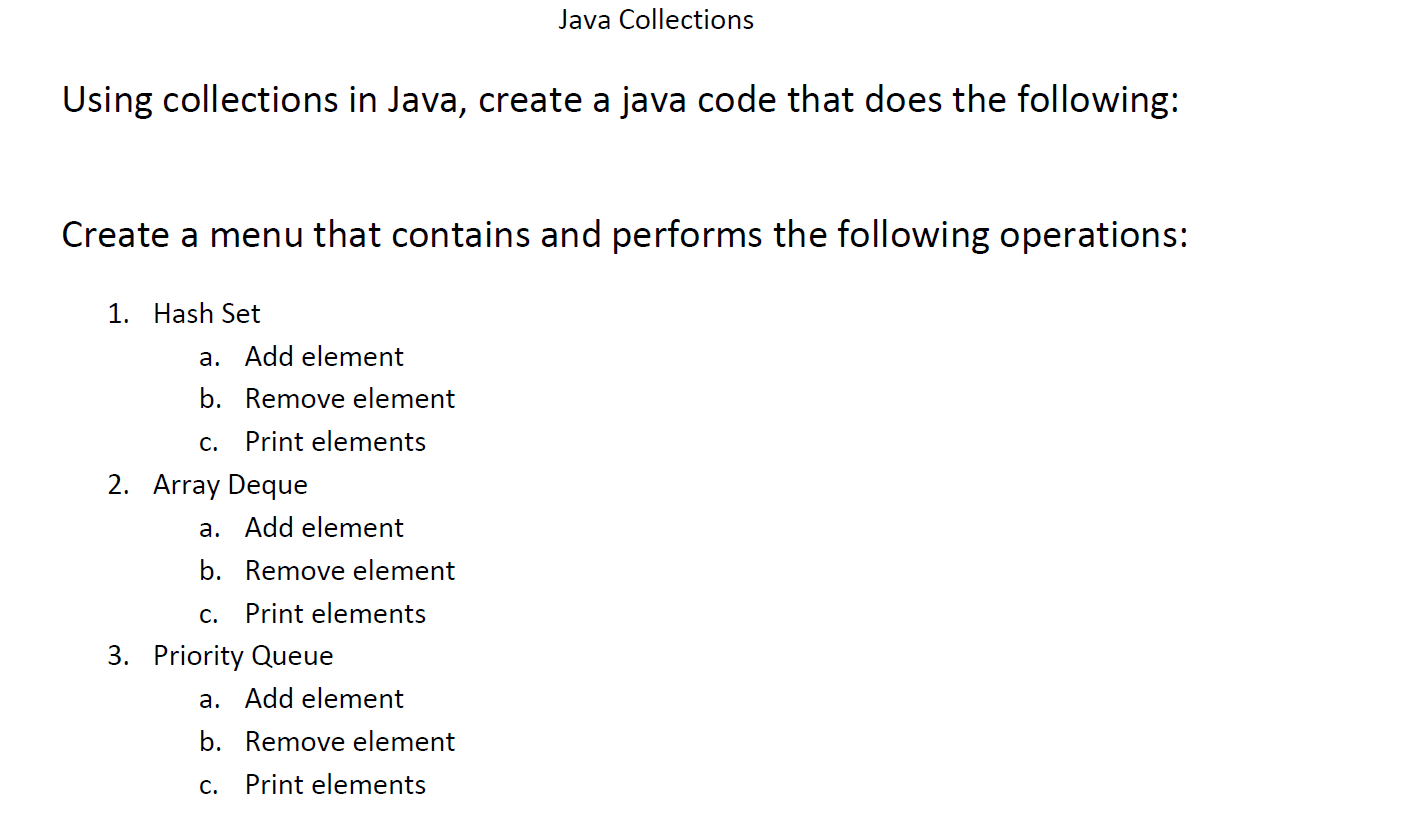 Java Collections Using Collections In Java Create A Java Code That Does The Following Create A Menu That Contains And 1