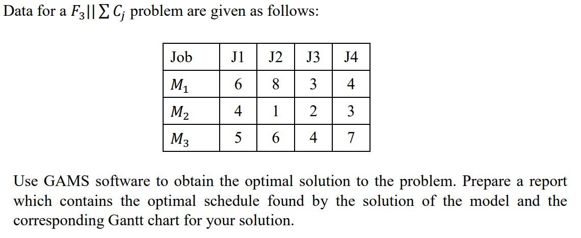 Data For A F3 E C Problem Are Given As Follows A Job J1 J2 J3 J4 6 8 3 4 M M2 4 1 2 3 M3 5 5 6 4 7 Use Gams Software 1