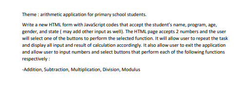 Theme Arithmetic Application For Primary School Students Write A New Html Form With Javascript Codes That Accept The 1