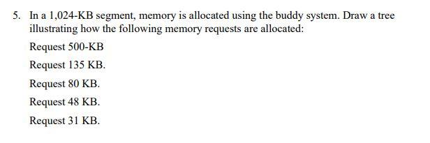 5 In A 1 024 Kb Segment Memory Is Allocated Using The Buddy System Draw A Tree Illustrating How The Following Memory 1
