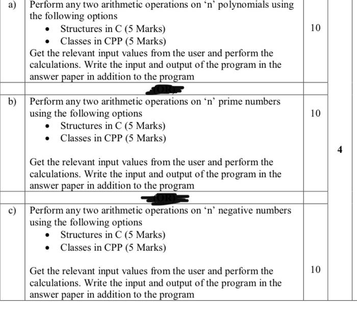 A 10 Perform Any Two Arithmetic Operations On N Polynomials Using The Following Options Structures In C 5 Marks C 1