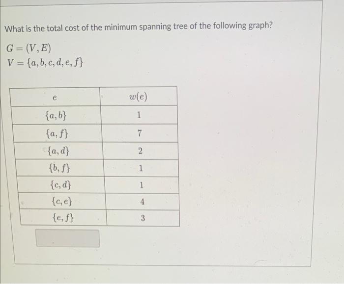 What Is The Total Cost Of The Minimum Spanning Tree Of The Following Graph G V E V A B C D E F E W E 1 7 2 1