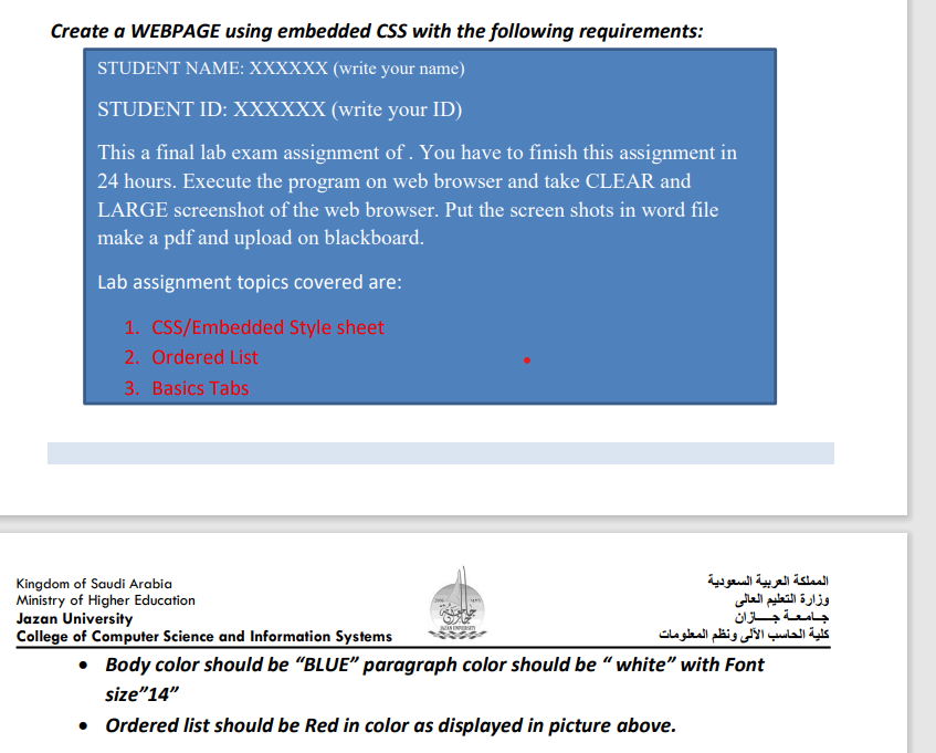 Create A Webpage Using Embedded Css With The Following Requirements Student Name Xxxxxx Write Your Name Student Id 1
