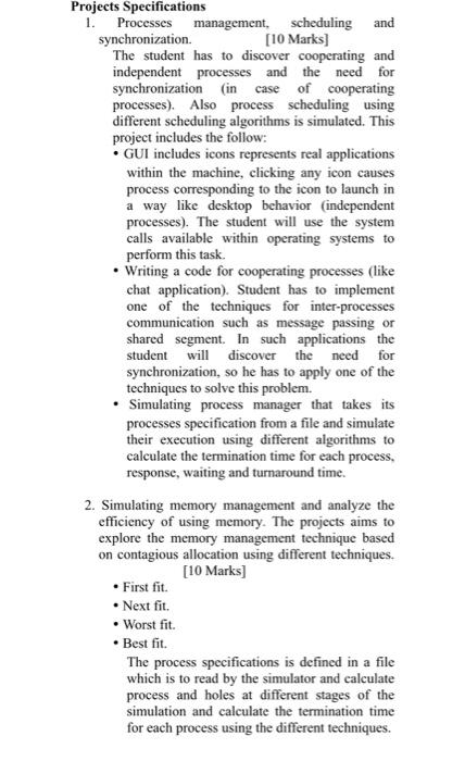 Projects Specifications 1 Processes Management Scheduling And Synchronization 10 Marks The Student Has To Discover C 1