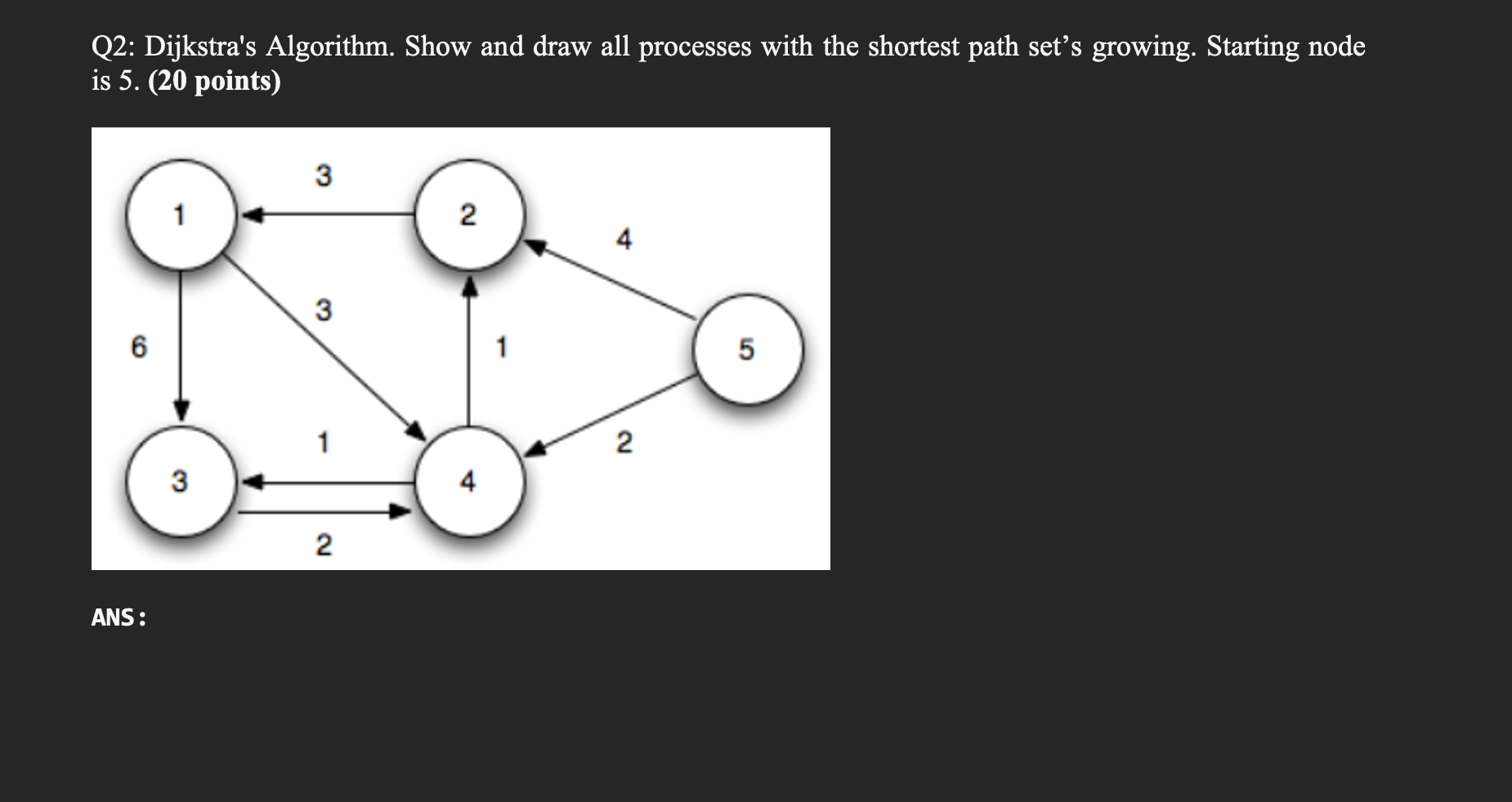 Q2 Dijkstra S Algorithm Show And Draw All Processes With The Shortest Path Set S Growing Starting Node Is 5 20 Poin 1