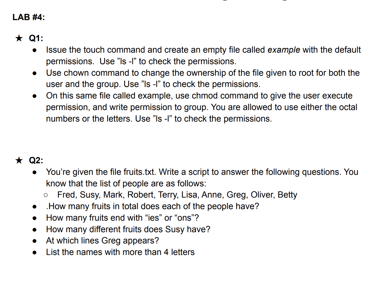 Lab 4 Q1 Issue The Touch Command And Create An Empty File Called Example With The Default Permissions Use Ls L 1