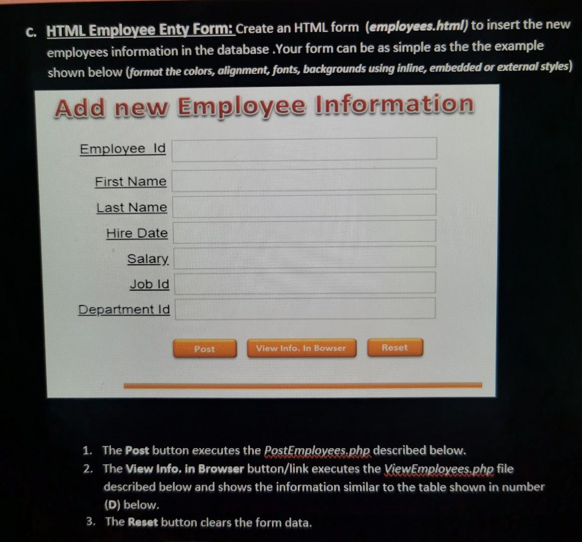 C Html Employee Enty Form Create An Html Form Employees Html To Insert The New Employees Information In The Database 1