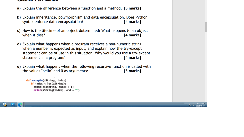 A Explain The Difference Between A Function And A Method 5 Marks B Explain Inheritance Polymorphism And Data Encap 1