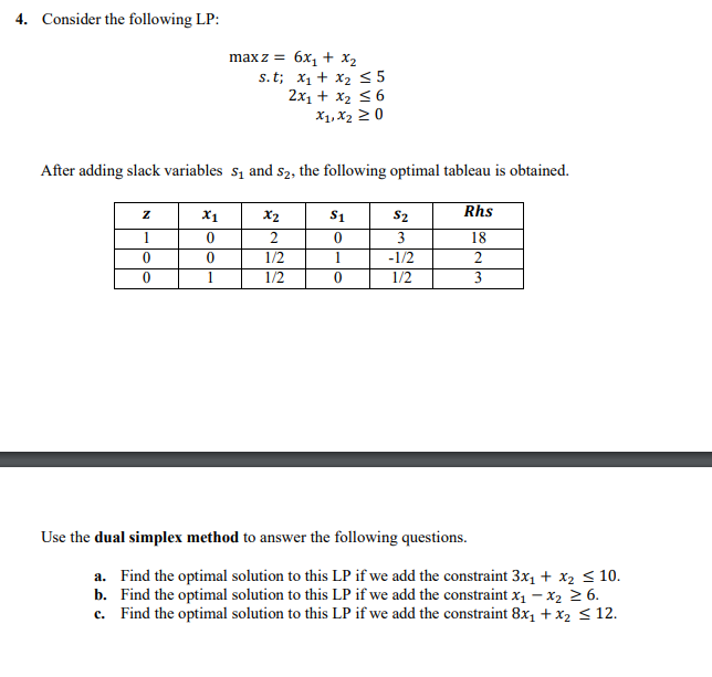 4 Consider The Following Lp Max Z 6x1 X2 S T X1 X2 55 2x1 X2 5 6 X1 X220 After Adding Slack Variables S And S 1
