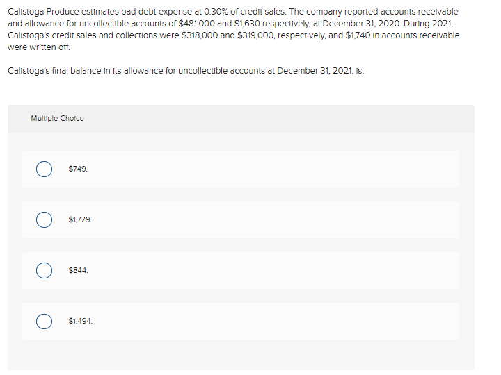 Calistoga Produce Estimates Bad Debt Expense At 0 30 Of Credit Sales The Company Reported Accounts Receivable And Allo 1