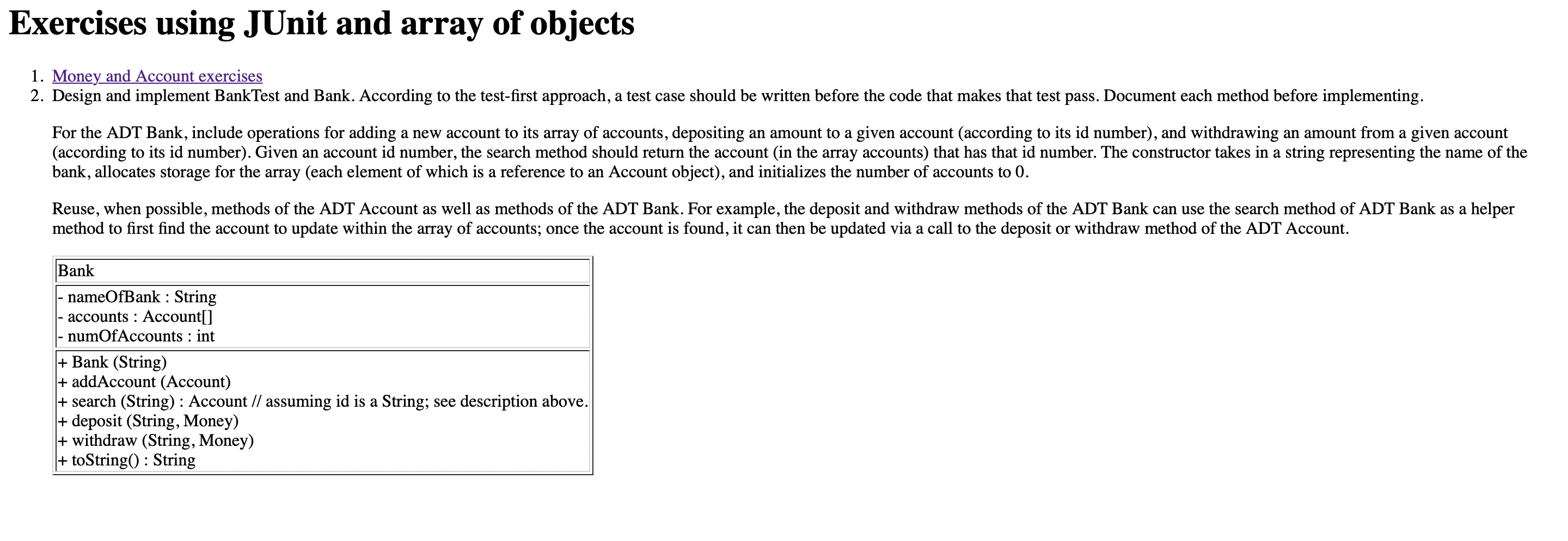 Exercises Using Junit And Array Of Objects 1 Money And Account Exercises 2 Design And Implement Banktest And Bank Acc 1