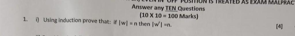 10 X 10 100 Marks I Using Induction Prove That If Wl N Then W N 1 Ii Consider The Following Grammar G S 2
