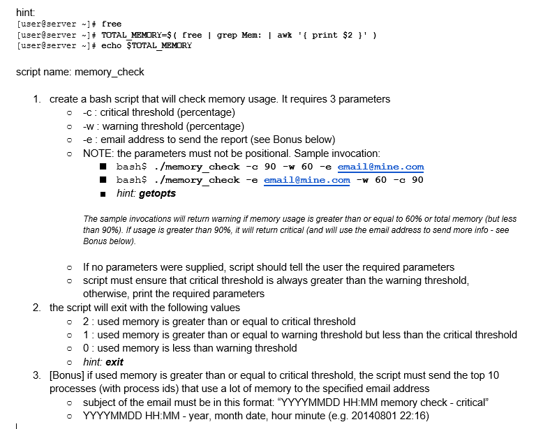Hint User Server Free User Server Total Memory Free Grep Mem Awk Print 2 User Server Echo 1