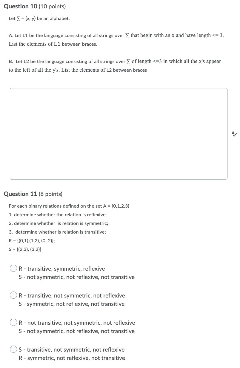 Question 10 10 Points Let X Y Be An Alphabet A Let L1 Be The Language Consisting Of All Strings Over That Begin 1