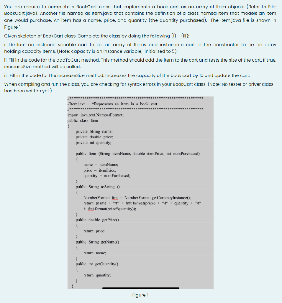 You Are Require To Complete A Bookcart Class That Implements A Book Cart As An Array Of Item Objects Refer To File Boo 1