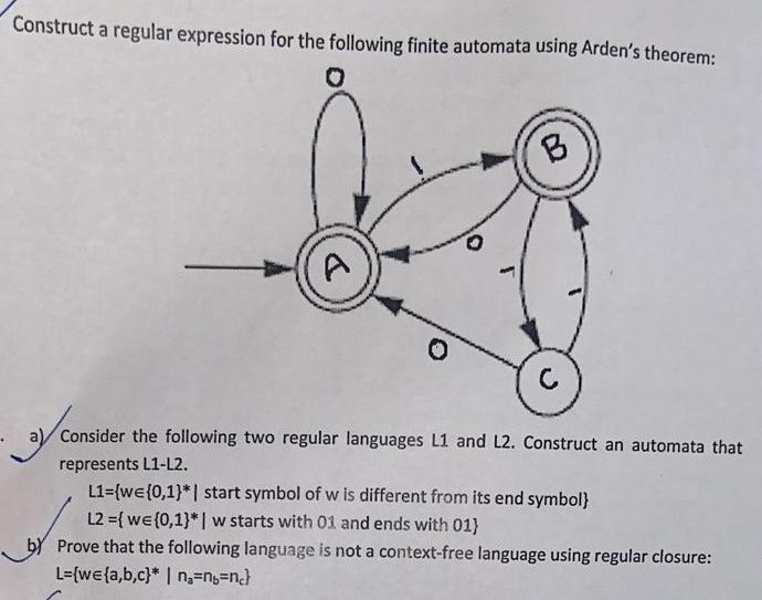 Construct A Regular Expression For The Following Finite Automata Using Arden S Theorem A A Consider The Following Two 1