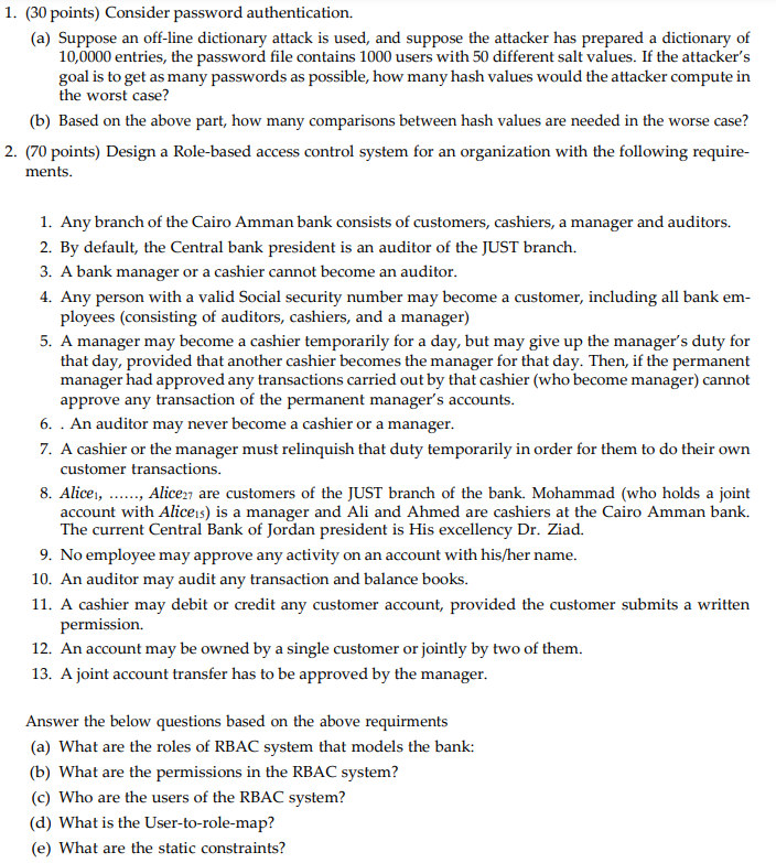 1 30 Points Consider Password Authentication A Suppose An Off Line Dictionary Attack Is Used And Suppose The Atta 1