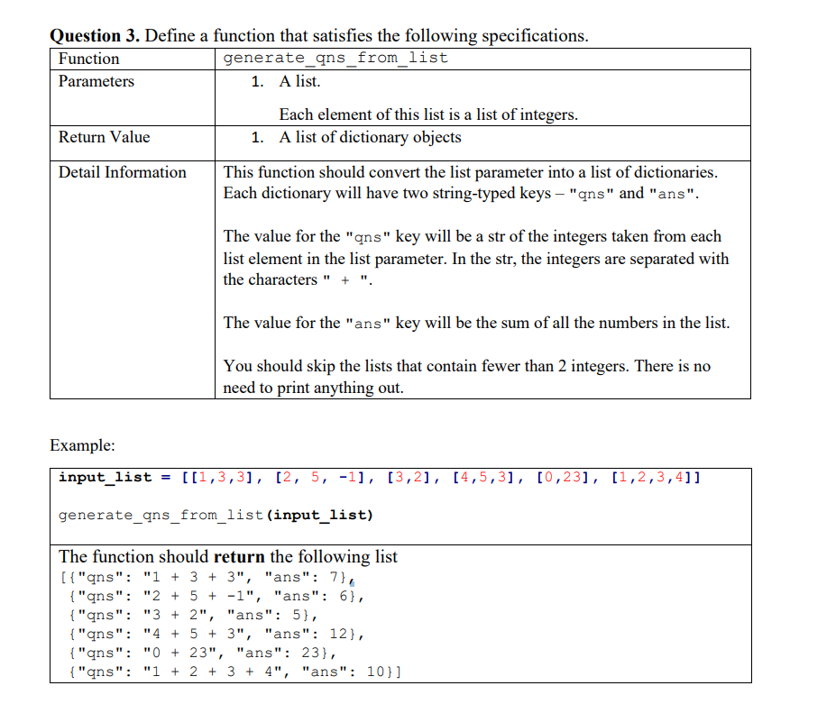 Question 3 Define A Function That Satisfies The Following Specifications Function Generate Ans From List Parameters 1 1