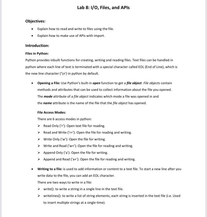 Lab 8 1 0 Files And Apis Objectives Explain How To Read And Write To Files Using The File Explain How To Make Us 1