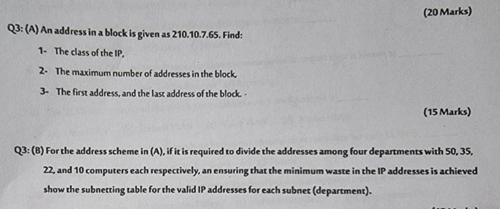20 Marks Q3 A An Address In A Block Is Given As 210 10 7 65 Find 1 The Class Of The Ip 2 The Maximum Number Of 1