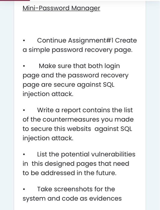 Mini Password Manager Continue Assignment 1 Create A Simple Password Recovery Page Make Sure That Both Login Page And T 4