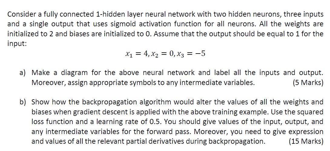 Consider A Fully Connected 1 Hidden Layer Neural Network With Two Hidden Neurons Three Inputs And A Single Output That 1
