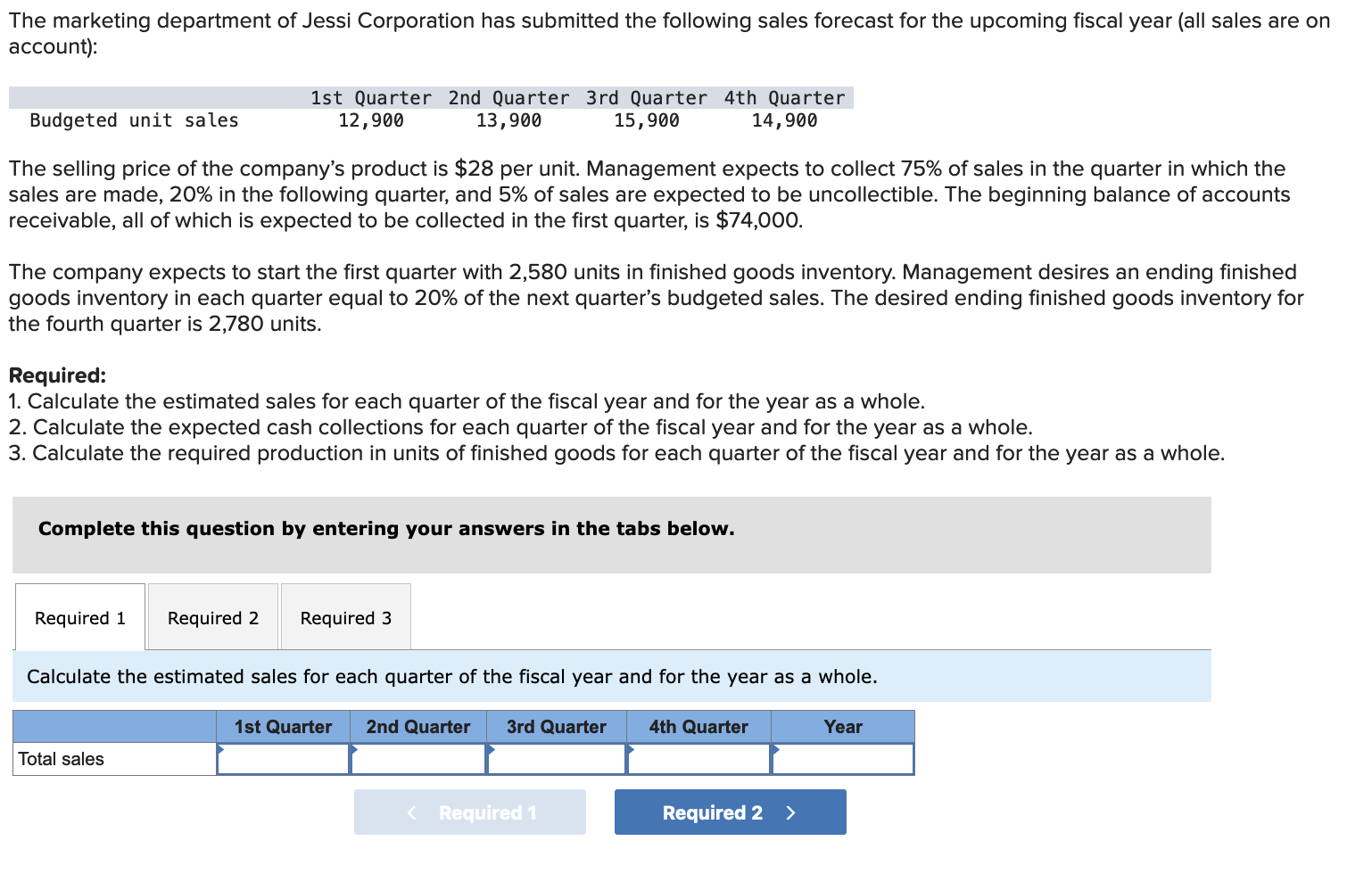 The Marketing Department Of Jessi Corporation Has Submitted The Following Sales Forecast For The Upcoming Fiscal Year A 1
