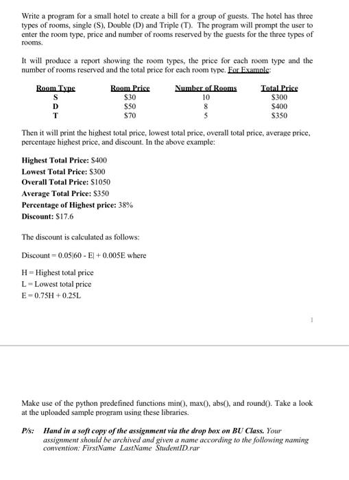 Write A Program For A Small Hotel To Create A Bill For A Group Of Guests The Hotel Has Three Types Of Rooms Single S 1