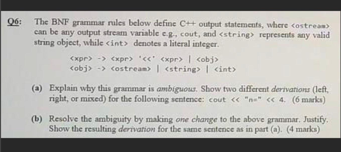 06 The Bnf Grammar Rules Below Define Ch Output Statements Where Costream Can Be Any Output Strcant Variable C G Co 1
