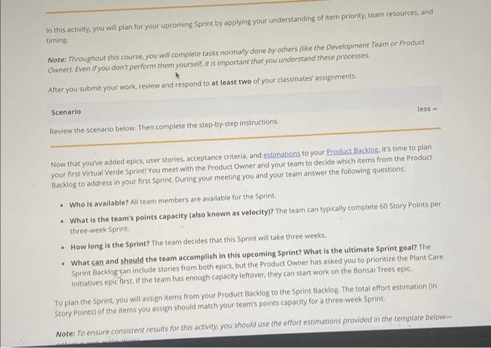 Activity Overview In This Activity You Will Plan For Your Upcoming Sprint By Applying Your Understanding Of Item Priori 3