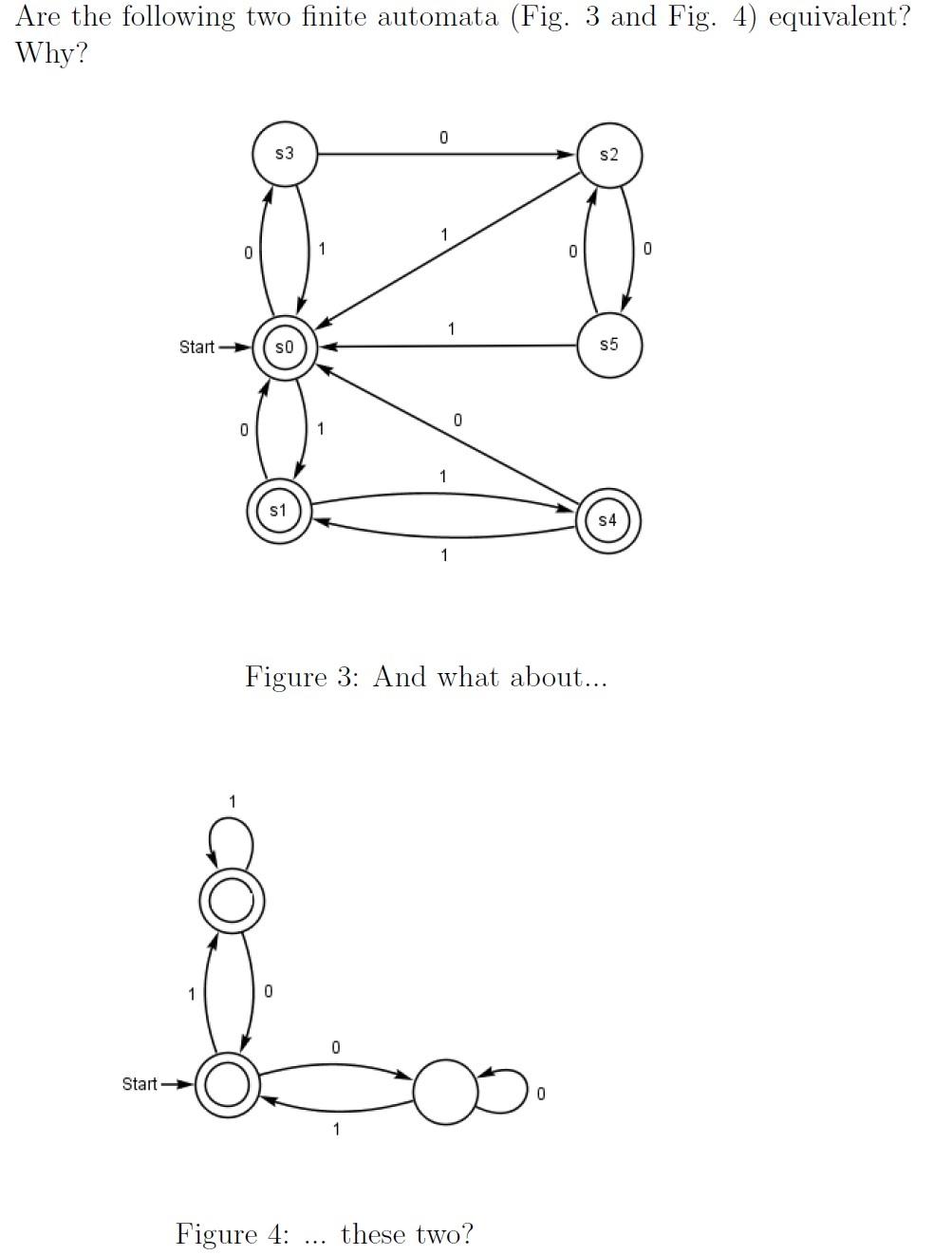Are The Following Two Finite Automata Fig 3 And Fig 4 Equivalent Why 0 S3 S2 1 0 0 1 Start So S5 0 0 1 1 S1 1 Fig 1