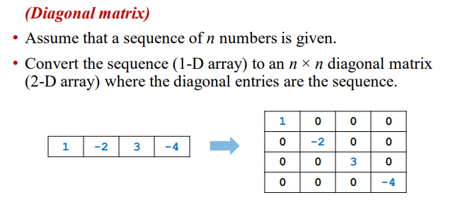 Diagonal Matrix Assume That A Sequence Of N Numbers Is Given Convert The Sequence 1 D Array To An N X N Diago 1