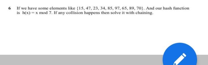 6 If We Have Some Elements Like 15 47 23 34 85 97 65 89 70 And Our Hash Function Is H X X Mod 7 If Any Col 1
