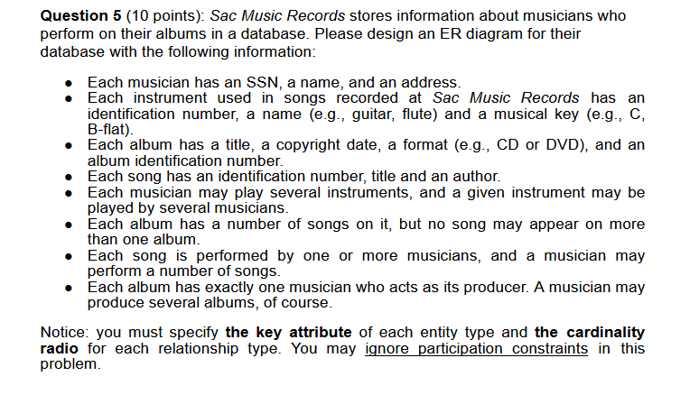 A Question 5 10 Points Sac Music Records Stores Information About Musicians Who Perform On Their Albums In A Database 1