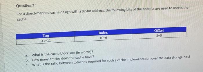 Question 2 For A Direct Mapped Cache Design With A 32 Bit Address The Following Bits Of The Address Are Used To Access 1