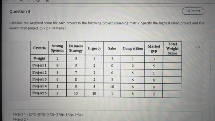 Question 3 10 Points Calculate The Welghted Score For Each Project In The Following Project Screening Matrix Specify Th 1