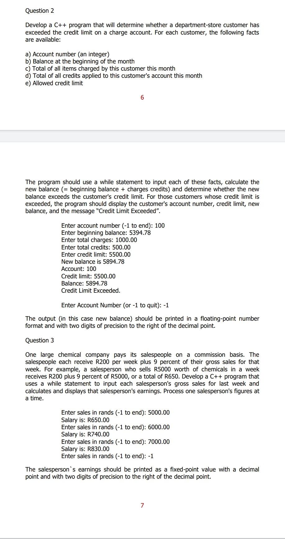 Question 2 Develop A C Program That Will Determine Whether A Department Store Customer Has Exceeded The Credit Limit O 1