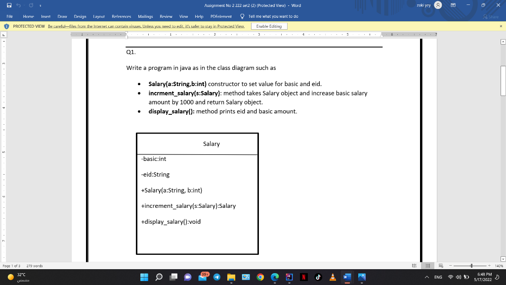 Assignment No 2 222 Set2 2 Protected View Word Yaki Yey 2 Share File Homrinsert Draw Design Layout References Mai 1