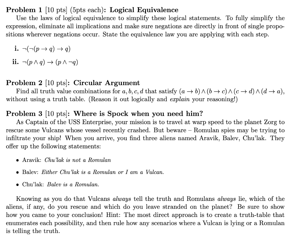 Problem 1 10 Pts 5pts Each Logical Equivalence Use The Laws Of Logical Equivalence To Simplify These Logical Statem 1