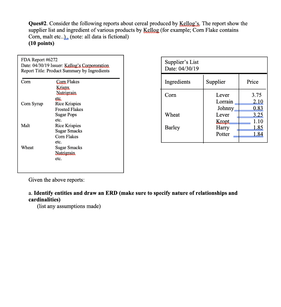 Consider The Following Reports About Cereal Produced By Kellog S The Report Show The Supplier List And Ingredient Of Va 1