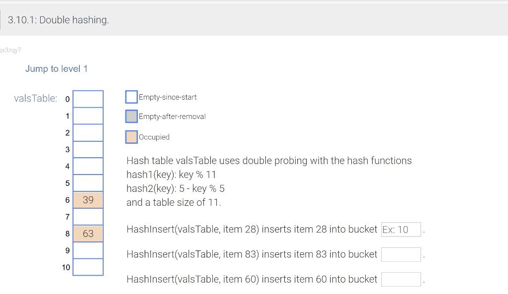 3 10 1 Double Hashing 2x3747 Jump To Level 1 Vals Table 0 Empty Since Start 1 Empty After Removal 2 Occupied 3 4 5 Ha 1