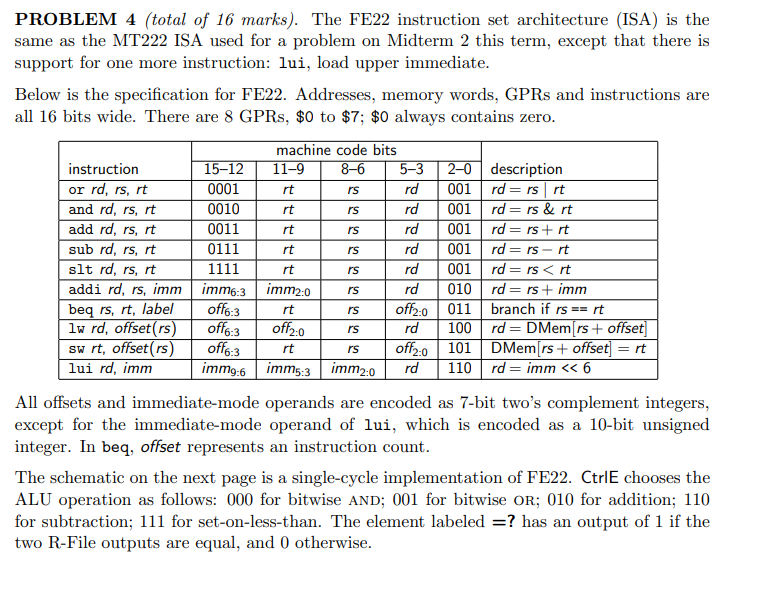 Rs Rt Rs Problem 4 Total Of 16 Marks The Fe22 Instruction Set Architecture Isa Is The Same As The Mt222 Isa Used Fo 1