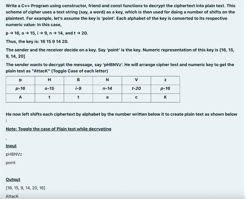 Write A C Program Using Constructor Friend And Const Functions To Decrypt The Ciphertext Into Plain Text This Scheme 1