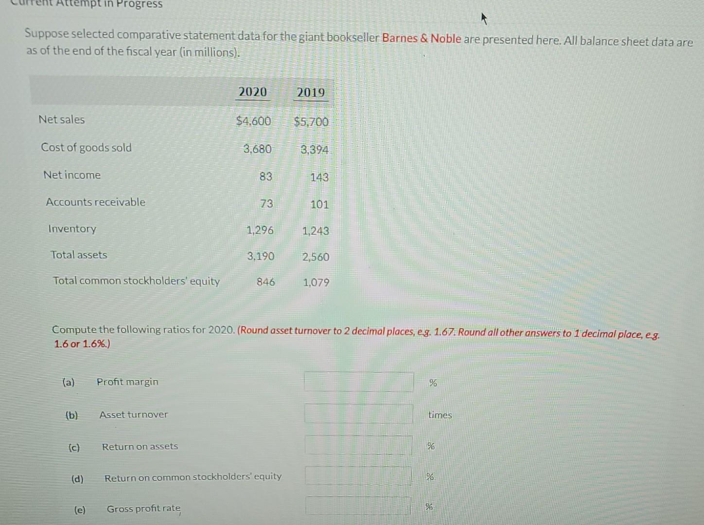 Attempt In Progress Suppose Selected Comparative Statement Data For The Giant Bookseller Barnes Noble Are Presented He 1