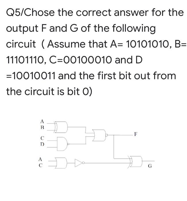 Q5 Chose The Correct Answer For The Output F And G Of The Following Circuit Assume That A 10101010 B 11101110 C 001 1