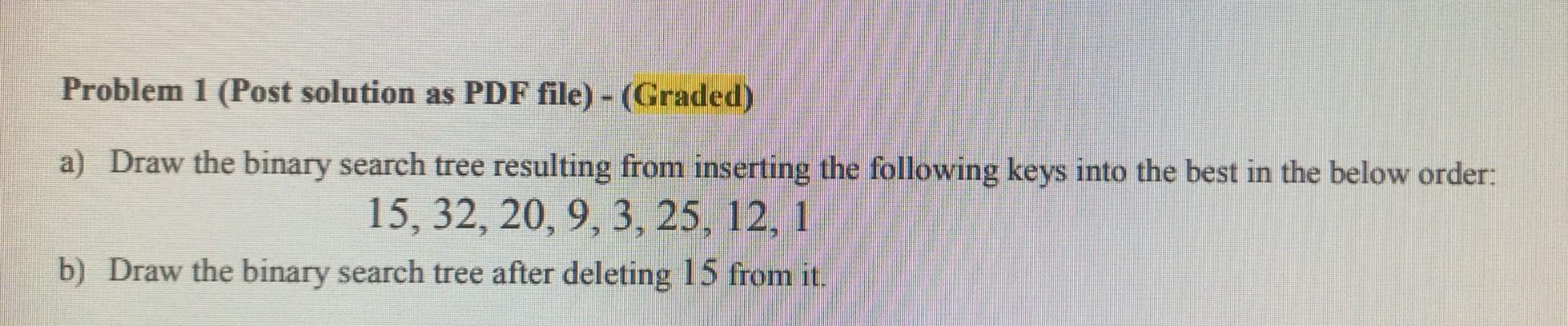 Problem 1 Post Solution As Pdf File Graded A Draw The Binary Search Tree Resulting From Inserting The Following K 1