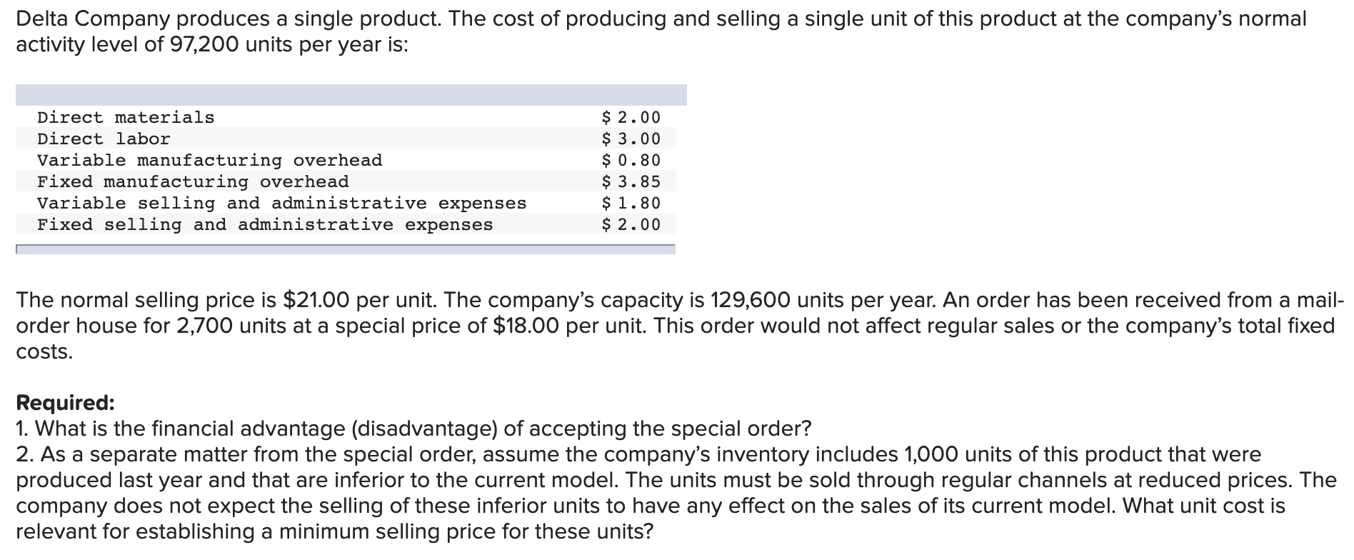Delta Company Produces A Single Product The Cost Of Producing And Selling A Single Unit Of This Product At The Company 1