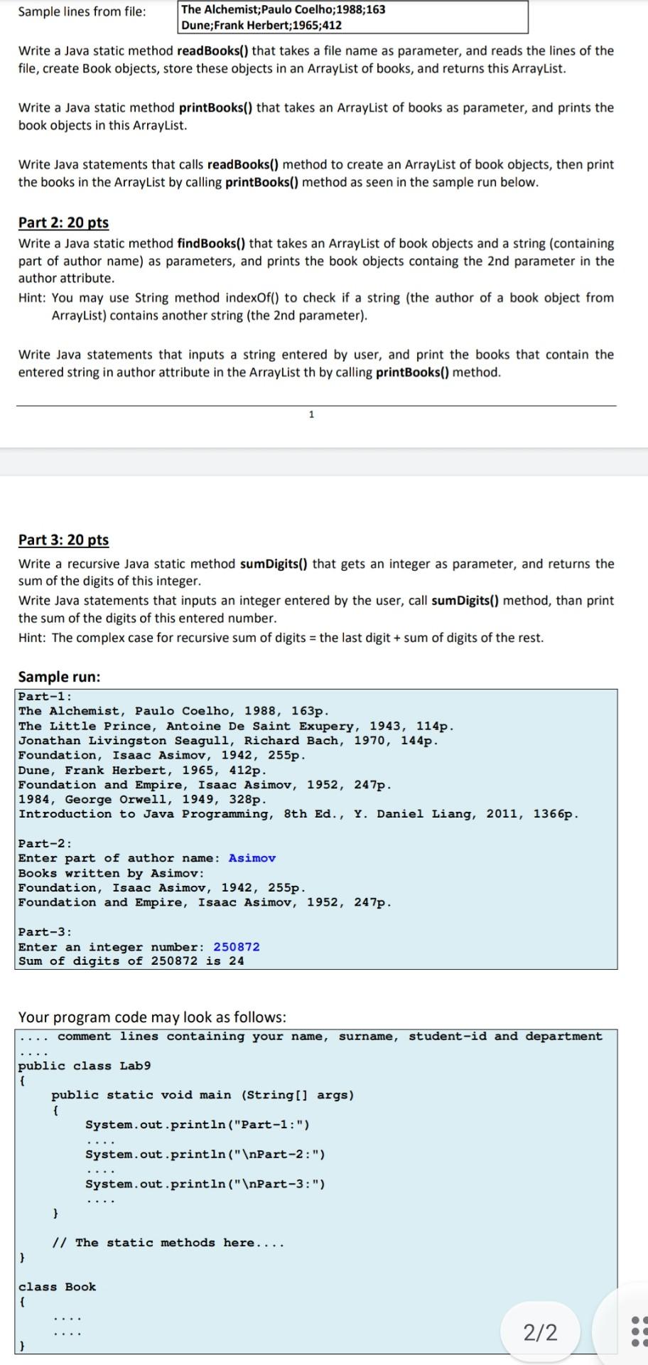 Sample Lines From File The Alchemist Paulo Coelho 1988 163 Dune Frank Herbert 1965 412 Write A Java Static Method Read 2